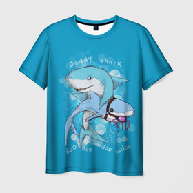 Мужская футболка 3D с принтом Dady Shark в Курске, 100% полиэфир | прямой крой, круглый вырез горловины, длина до линии бедер | baby | brother | dady | doo | mummy | ocean | sea | shark | sister | youtube | акула | акуленок | анимация | бабушка | брат | дедушка | клип | мама | море | мульт | мультфильм | океан | папа | сестра | ютуб