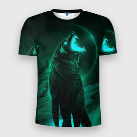 Мужская футболка 3D Slim с принтом Оборотень в Екатеринбурге, 100% полиэстер с улучшенными характеристиками | приталенный силуэт, круглая горловина, широкие плечи, сужается к линии бедра | волк | зубы | луна | неоновый свет | оборотень | оскал волка | полнолуние