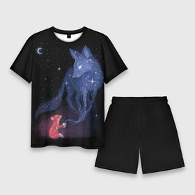 Мужской костюм с шортами 3D с принтом Лиса и ее дух в Белгороде,  |  | Тематика изображения на принте: fox | moon | stars | дух | звезды | лес | леса | лиса | лиса и лес | лисичка | лисичка в лесу | лисички в космосе | лисы | луна | небо | ночное небо | с лисами | темнота