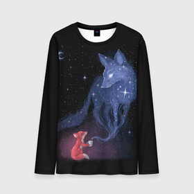 Мужской лонгслив 3D с принтом Лиса и ее дух в Санкт-Петербурге, 100% полиэстер | длинные рукава, круглый вырез горловины, полуприлегающий силуэт | fox | moon | stars | дух | звезды | лес | леса | лиса | лиса и лес | лисичка | лисичка в лесу | лисички в космосе | лисы | луна | небо | ночное небо | с лисами | темнота