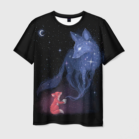 Мужская футболка 3D с принтом Лиса и ее дух , 100% полиэфир | прямой крой, круглый вырез горловины, длина до линии бедер | fox | moon | stars | дух | звезды | лес | леса | лиса | лиса и лес | лисичка | лисичка в лесу | лисички в космосе | лисы | луна | небо | ночное небо | с лисами | темнота