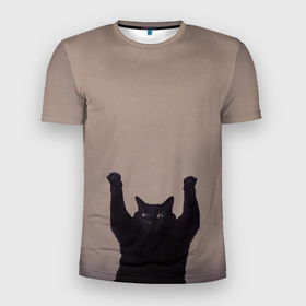 Мужская футболка 3D спортивная с принтом Кот сдается в Санкт-Петербурге, 100% полиэстер с улучшенными характеристиками | приталенный силуэт, круглая горловина, широкие плечи, сужается к линии бедра | cat | арест | испуг | кот | руки вверх | черный кот