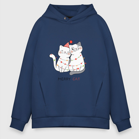 Мужское худи Oversize хлопок с принтом Merry Cat в Новосибирске, френч-терри — 70% хлопок, 30% полиэстер. Мягкий теплый начес внутри —100% хлопок | боковые карманы, эластичные манжеты и нижняя кромка, капюшон на магнитной кнопке | Тематика изображения на принте: 