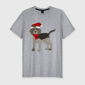 Мужская футболка хлопок Slim с принтом Новогодний Бигль в Екатеринбурге, 92% хлопок, 8% лайкра | приталенный силуэт, круглый вырез ворота, длина до линии бедра, короткий рукав | 2021 | бигль | зима | зимняя собака | милый | нарядная собака | новогодний щенок | новый год | подарок | собака | собака в шапке | шарф | щенок | щенок с шарфом