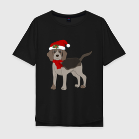 Мужская футболка хлопок Oversize с принтом Новогодний Бигль в Екатеринбурге, 100% хлопок | свободный крой, круглый ворот, “спинка” длиннее передней части | 2021 | бигль | зима | зимняя собака | милый | нарядная собака | новогодний щенок | новый год | подарок | собака | собака в шапке | шарф | щенок | щенок с шарфом