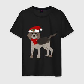 Мужская футболка хлопок с принтом Новогодний Бигль в Санкт-Петербурге, 100% хлопок | прямой крой, круглый вырез горловины, длина до линии бедер, слегка спущенное плечо. | 2021 | бигль | зима | зимняя собака | милый | нарядная собака | новогодний щенок | новый год | подарок | собака | собака в шапке | шарф | щенок | щенок с шарфом