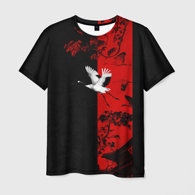 Мужская футболка 3D с принтом ЖУРАВЛЬ в Петрозаводске, 100% полиэфир | прямой крой, круглый вырез горловины, длина до линии бедер | amoled | аист | журавль | минимализм | сакура | цапля | япония