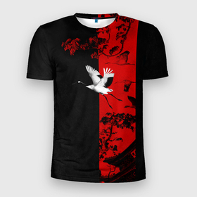 Мужская футболка 3D спортивная с принтом ЖУРАВЛЬ в Белгороде, 100% полиэстер с улучшенными характеристиками | приталенный силуэт, круглая горловина, широкие плечи, сужается к линии бедра | amoled | аист | журавль | минимализм | сакура | цапля | япония