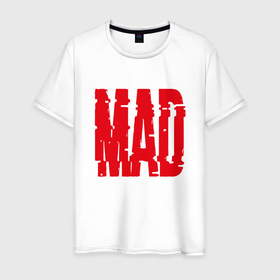 Мужская футболка хлопок с принтом MAD в Новосибирске, 100% хлопок | прямой крой, круглый вырез горловины, длина до линии бедер, слегка спущенное плечо. | glitch | mad | title | безумный | глитч | надпись