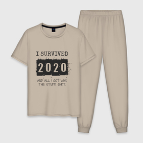 Мужская пижама хлопок с принтом 2020 - я выжил в Курске, 100% хлопок | брюки и футболка прямого кроя, без карманов, на брюках мягкая резинка на поясе и по низу штанин
 | Тематика изображения на принте: 2020 | 2021 | coronavirus | covid | covid 19 | covid19 | new year | вирус | год | грипп | дед мороз | заражение | зима | карантин | клаус | корона | коронавирус | маска | новый год | пандемия | праздник | самоизоляция | санта