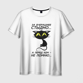 Мужская футболка 3D с принтом За вчерашнее стыдно в Кировске, 100% полиэфир | прямой крой, круглый вырез горловины, длина до линии бедер | Тематика изображения на принте: животные | кот | надписи | стыдно | юмор