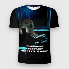 Мужская футболка 3D спортивная с принтом Пёсель засиделся в интернете в Кировске, 100% полиэстер с улучшенными характеристиками | приталенный силуэт, круглая горловина, широкие плечи, сужается к линии бедра | Тематика изображения на принте: будильник | пёс | сиба ину | собака | сон | шиба ину