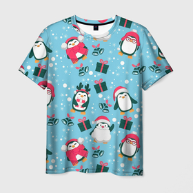 Мужская футболка 3D с принтом Новогодние Пингвины , 100% полиэфир | прямой крой, круглый вырез горловины, длина до линии бедер | 2021 | белка | гирлянда | год быка | дед мороз | детская | дочка | елка | енот | кот | котик | лиса | маска | милая | неон | новогодняя | новый год | олень | паттерн | пингвин | подарок | праздник | радуга