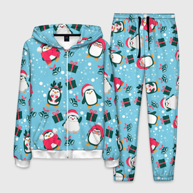 Мужской костюм 3D с принтом Новогодние Пингвины в Курске, 100% полиэстер | Манжеты и пояс оформлены тканевой резинкой, двухслойный капюшон со шнурком для регулировки, карманы спереди | Тематика изображения на принте: 2021 | белка | гирлянда | год быка | дед мороз | детская | дочка | елка | енот | кот | котик | лиса | маска | милая | неон | новогодняя | новый год | олень | паттерн | пингвин | подарок | праздник | радуга