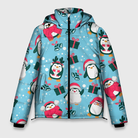Мужская зимняя куртка 3D с принтом Новогодние Пингвины в Тюмени, верх — 100% полиэстер; подкладка — 100% полиэстер; утеплитель — 100% полиэстер | длина ниже бедра, свободный силуэт Оверсайз. Есть воротник-стойка, отстегивающийся капюшон и ветрозащитная планка. 

Боковые карманы с листочкой на кнопках и внутренний карман на молнии. | Тематика изображения на принте: 2021 | белка | гирлянда | год быка | дед мороз | детская | дочка | елка | енот | кот | котик | лиса | маска | милая | неон | новогодняя | новый год | олень | паттерн | пингвин | подарок | праздник | радуга