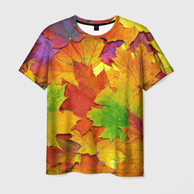 Мужская футболка 3D с принтом Осенние листья в Петрозаводске, 100% полиэфир | прямой крой, круглый вырез горловины, длина до линии бедер | клён | краски | листья | осень | радуга | разноцветный | яркая