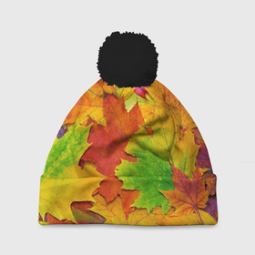 Шапка 3D c помпоном с принтом Осенние листья , 100% полиэстер | универсальный размер, печать по всей поверхности изделия | клён | краски | листья | осень | радуга | разноцветный | яркая
