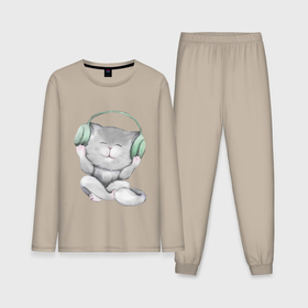 Мужская пижама с лонгсливом хлопок с принтом Котенок меломан ,  |  | зеленый | кот | котенок | малыш | музыка | наушники | пушистый | серый