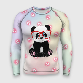 Мужской рашгард 3D с принтом Милая пандочка в Новосибирске,  |  | маленькая панда | маленькая пандочк | милая панда | милая пандочка | панда | панда в красных очках | панда в очках | панда очки | панда сердечки | панда сердце | пандочка | пандочка в красных очках