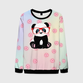 Мужской свитшот 3D с принтом Милая пандочка  в Новосибирске, 100% полиэстер с мягким внутренним слоем | круглый вырез горловины, мягкая резинка на манжетах и поясе, свободная посадка по фигуре | маленькая панда | маленькая пандочк | милая панда | милая пандочка | панда | панда в красных очках | панда в очках | панда очки | панда сердечки | панда сердце | пандочка | пандочка в красных очках
