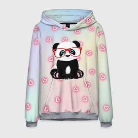 Мужская толстовка 3D с принтом Милая пандочка в Тюмени, 100% полиэстер | двухслойный капюшон со шнурком для регулировки, мягкие манжеты на рукавах и по низу толстовки, спереди карман-кенгуру с мягким внутренним слоем. | маленькая панда | маленькая пандочк | милая панда | милая пандочка | панда | панда в красных очках | панда в очках | панда очки | панда сердечки | панда сердце | пандочка | пандочка в красных очках