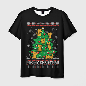 Мужская футболка 3D с принтом Meowy christmas в Новосибирске, 100% полиэфир | прямой крой, круглый вырез горловины, длина до линии бедер | meowy christmas | вязанная | ёлка | ель | игрушки | кот | котики | котята | кошки | мультик | новый год | прикольные футболки | свитер | черная футболка | шарики