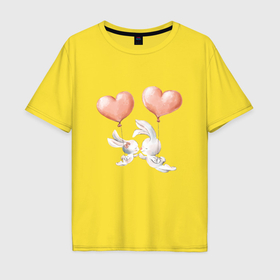 Мужская футболка хлопок Oversize с принтом Пара влюбленных зайчиков , 100% хлопок | свободный крой, круглый ворот, “спинка” длиннее передней части | Тематика изображения на принте: зайчики | любовь | пара | розовый | сердце | серый | шарики