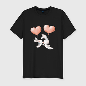 Мужская футболка хлопок Slim с принтом Пара влюбленных зайчиков в Курске, 92% хлопок, 8% лайкра | приталенный силуэт, круглый вырез ворота, длина до линии бедра, короткий рукав | зайчики | любовь | пара | розовый | сердце | серый | шарики