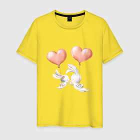 Мужская футболка хлопок с принтом Пара влюбленных зайчиков , 100% хлопок | прямой крой, круглый вырез горловины, длина до линии бедер, слегка спущенное плечо. | Тематика изображения на принте: зайчики | любовь | пара | розовый | сердце | серый | шарики