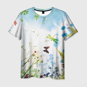 Мужская футболка 3D с принтом Summer акварель в Санкт-Петербурге, 100% полиэфир | прямой крой, круглый вырез горловины, длина до линии бедер | акварель | бабочки | лето | небо