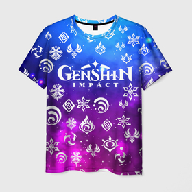 Мужская футболка 3D с принтом GENSHIN IMPACT в Тюмени, 100% полиэфир | прямой крой, круглый вырез горловины, длина до линии бедер | game | genshin impact | genshin impact 2020 | аниме. | геншин импакт | геншин импакт карта | игра