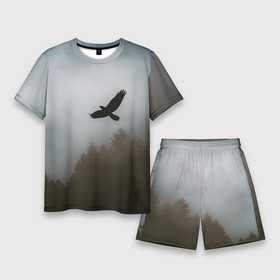 Мужской костюм с шортами 3D с принтом Орёл над лесом ,  |  | bird | dark | fog | forest | heaven | jh k | ktc | sky | texture | деревья | животные | лес | небо | орел | природа | птица | птицы | текстуры | тёмный лес | туман