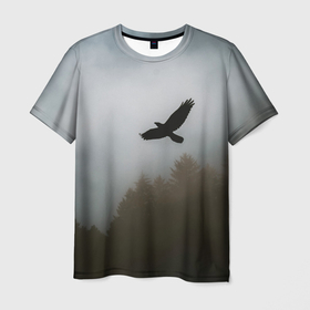 Мужская футболка 3D с принтом Орёл над лесом в Петрозаводске, 100% полиэфир | прямой крой, круглый вырез горловины, длина до линии бедер | Тематика изображения на принте: bird | dark | fog | forest | heaven | jh k | ktc | sky | texture | деревья | животные | лес | небо | орел | природа | птица | птицы | текстуры | тёмный лес | туман