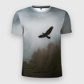 Мужская футболка 3D Slim с принтом Орёл над лесом , 100% полиэстер с улучшенными характеристиками | приталенный силуэт, круглая горловина, широкие плечи, сужается к линии бедра | bird | dark | fog | forest | heaven | jh k | ktc | sky | texture | деревья | животные | лес | небо | орел | природа | птица | птицы | текстуры | тёмный лес | туман