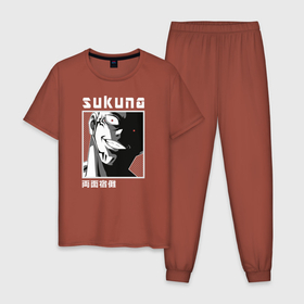 Мужская пижама хлопок с принтом Сукуна в Белгороде, 100% хлопок | брюки и футболка прямого кроя, без карманов, на брюках мягкая резинка на поясе и по низу штанин
 | gojo | jujutsu | jutsu kaisen | satoru | sukuna | yuji itadori | битва | годжо | демон | итадори | магическая | рёмен | сакуна | сатору | сукуна | сукуно | юдзи