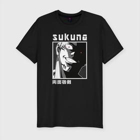 Мужская футболка хлопок Slim с принтом Сукуна в Курске, 92% хлопок, 8% лайкра | приталенный силуэт, круглый вырез ворота, длина до линии бедра, короткий рукав | gojo | jujutsu | jutsu kaisen | satoru | sukuna | yuji itadori | битва | годжо | демон | итадори | магическая | рёмен | сакуна | сатору | сукуна | сукуно | юдзи