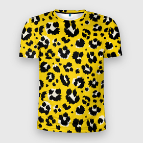 Мужская футболка 3D Slim с принтом Желтый леопард в Кировске, 100% полиэстер с улучшенными характеристиками | приталенный силуэт, круглая горловина, широкие плечи, сужается к линии бедра | животные | леопард | окрас | пятна