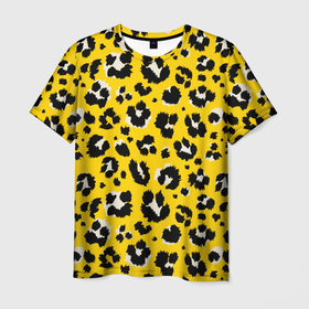 Мужская футболка 3D с принтом Желтый леопард в Санкт-Петербурге, 100% полиэфир | прямой крой, круглый вырез горловины, длина до линии бедер | Тематика изображения на принте: животные | леопард | окрас | пятна