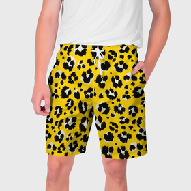 Мужские шорты 3D с принтом Желтый леопард ,  полиэстер 100% | прямой крой, два кармана без застежек по бокам. Мягкая трикотажная резинка на поясе, внутри которой широкие завязки. Длина чуть выше колен | животные | леопард | окрас | пятна
