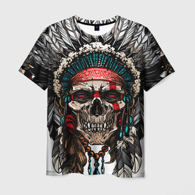 Мужская футболка 3D с принтом Череп индейца в Екатеринбурге, 100% полиэфир | прямой крой, круглый вырез горловины, длина до линии бедер | зубы | индеец | маска | перья | рисунок | ритуал | скелет | страшный | череп