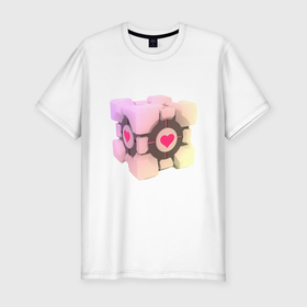 Мужская футболка хлопок Slim с принтом Companion Cube в Тюмени, 92% хлопок, 8% лайкра | приталенный силуэт, круглый вырез ворота, длина до линии бедра, короткий рукав | companion cube | cube | heart | portal | portal 2 | компаньон куб | куб | сердечко | сердце