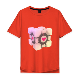 Мужская футболка хлопок Oversize с принтом Companion Cube в Новосибирске, 100% хлопок | свободный крой, круглый ворот, “спинка” длиннее передней части | Тематика изображения на принте: companion cube | cube | heart | portal | portal 2 | компаньон куб | куб | сердечко | сердце