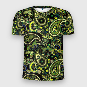 Мужская футболка 3D спортивная с принтом Молекулярный рисунок , 100% полиэстер с улучшенными характеристиками | приталенный силуэт, круглая горловина, широкие плечи, сужается к линии бедра | Тематика изображения на принте: арт | биология | жёлтый | зелёный | молекула | рисунок | синий | чёрный