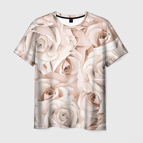 Мужская футболка 3D с принтом Элегантность в Курске, 100% полиэфир | прямой крой, круглый вырез горловины, длина до линии бедер | беж | нежно | пастельный | роза | цветок | элегантно