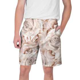 Мужские шорты 3D с принтом Элегантность в Санкт-Петербурге,  полиэстер 100% | прямой крой, два кармана без застежек по бокам. Мягкая трикотажная резинка на поясе, внутри которой широкие завязки. Длина чуть выше колен | Тематика изображения на принте: беж | нежно | пастельный | роза | цветок | элегантно