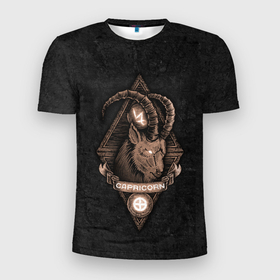 Мужская футболка 3D спортивная с принтом КОЗЕРОГ в Тюмени, 100% полиэстер с улучшенными характеристиками | приталенный силуэт, круглая горловина, широкие плечи, сужается к линии бедра | Тематика изображения на принте: capricorn | животное | зверь | знак зодиака | козерог