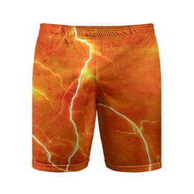 Мужские шорты спортивные с принтом Молния в Петрозаводске,  |  | гроза | гром | молния | оранжевый | разряд молнии | свет