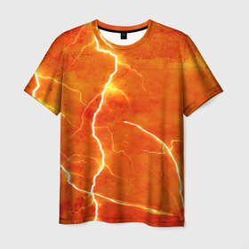 Мужская футболка 3D с принтом Молния в Рязани, 100% полиэфир | прямой крой, круглый вырез горловины, длина до линии бедер | гроза | гром | молния | оранжевый | разряд молнии | свет