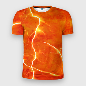 Мужская футболка 3D Slim с принтом Молния в Тюмени, 100% полиэстер с улучшенными характеристиками | приталенный силуэт, круглая горловина, широкие плечи, сужается к линии бедра | гроза | гром | молния | оранжевый | разряд молнии | свет