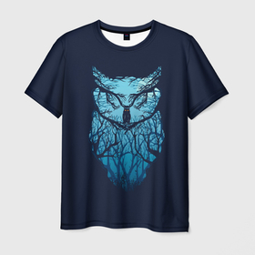 Мужская футболка 3D с принтом Сова в деревьях в Новосибирске, 100% полиэфир | прямой крой, круглый вырез горловины, длина до линии бедер | bird | monocle | owl | owlet | owls | моноколь | очки | птица | сова | совушка | совы